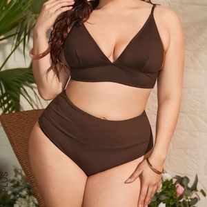 Plus Plain Rib High Waisted Bikini Swimsuit SHEIN 3x brown